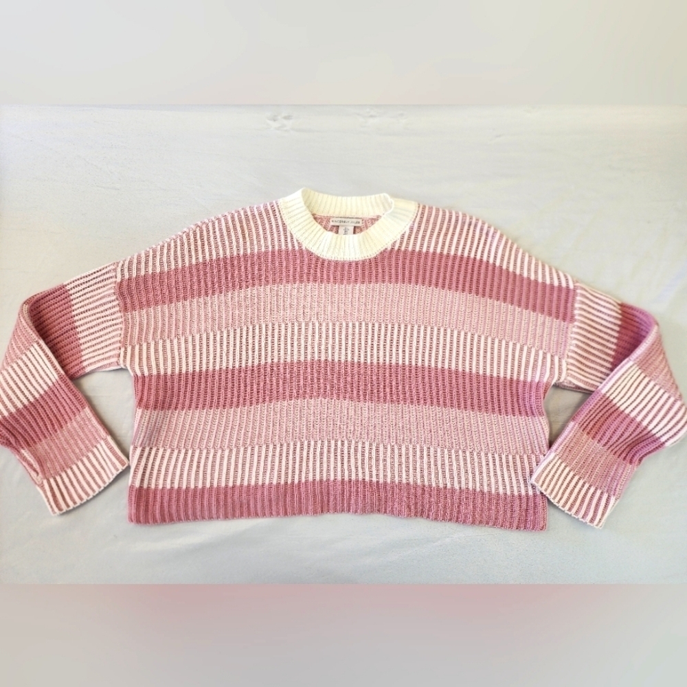Sincerly Jules Womens Pink/White Misty Waffle Crew Neck Pullover Sweater, sz LG